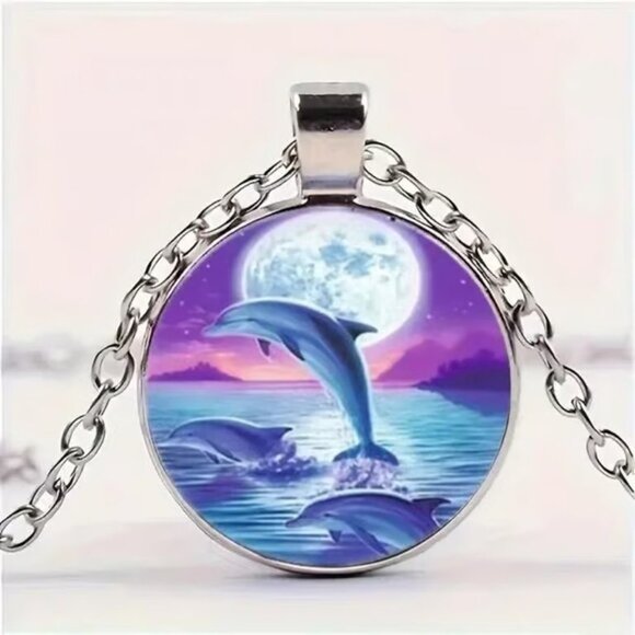 Silver DOLPHIN Glass Cabochon Pendant Necklace - Picture 1 of 3